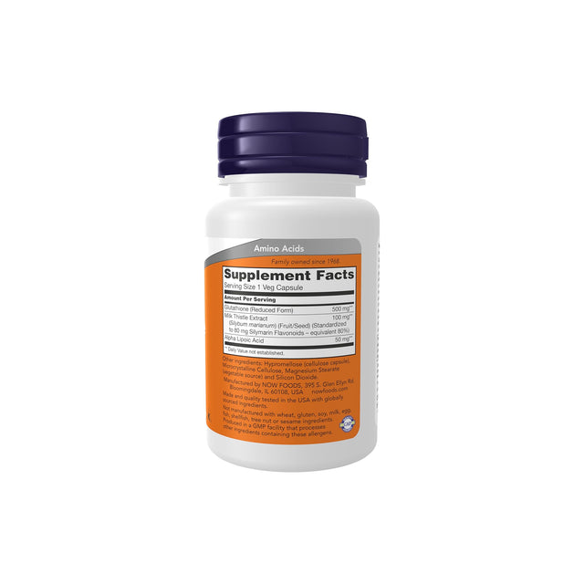 NOW Glutathione 500mg supplement facts and nutrition label with serving information and ingredients