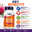 NOW Foods Vitamin D3 & K2 bottle with a list of key benefits including bone, cardiovascular, and immune support