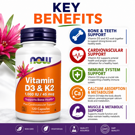 NOW Foods Vitamin D3 & K2 bottle with a list of key benefits including bone, cardiovascular, and immune support