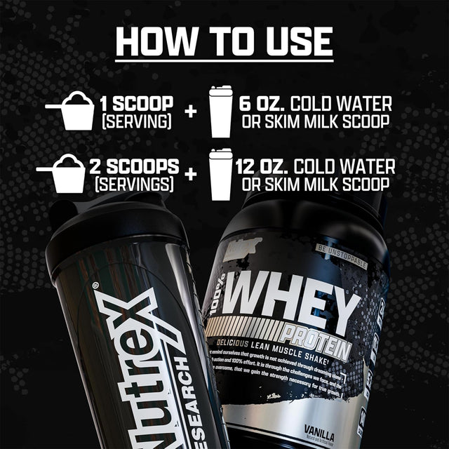 Nutrex 100% Whey Protein mixing instructions: Guide showing 1 scoop with 6 oz or 2 scoops with 12 oz of cold water or skim milk.