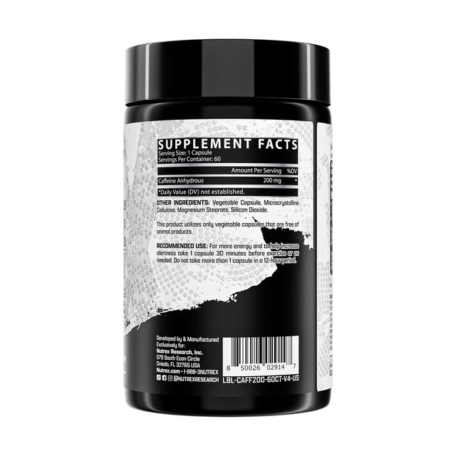Nutrex Caffeine 200 Supplement Facts label showing 200mg Caffeine Anhydrous, vegetable capsule ingredients, and recommended use instructions