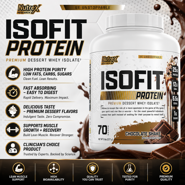 Nutrex IsoFit Protein 5lb Chocolate Shake Whey Isolate with 25g Protein, 12g EAAs and 5.5g BCAAs