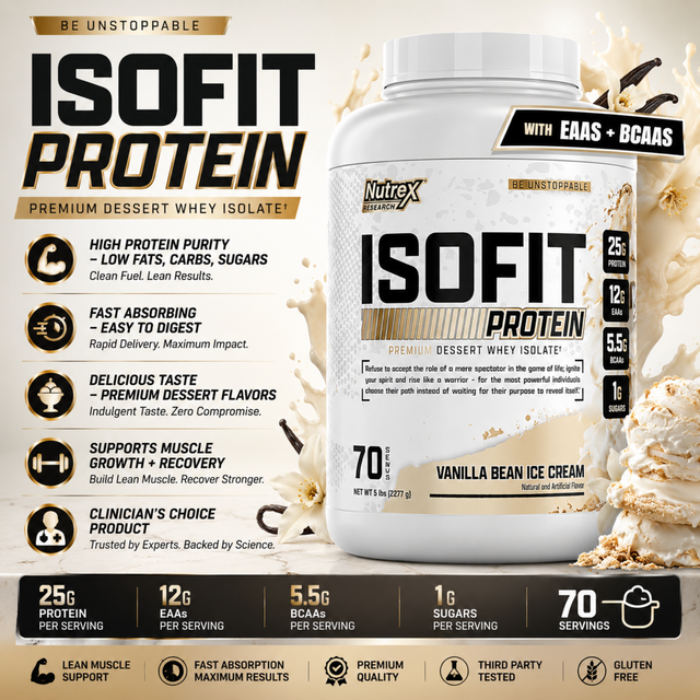Nutrex IsoFit Protein 5lb Vanilla Bean Ice Cream Whey Isolate with 25g Protein, 12g EAAs and 5.5g BCAAs