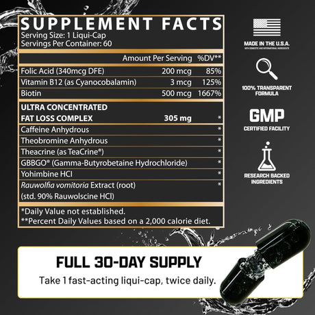 Supplement facts for Nutrex Lipo-6 Black Hers Ultra Concentrate showing 305mg fat loss complex, Yohimbine HCL, and Vitamin B12. 100% original female fat burner at Gym Supplements U.S.