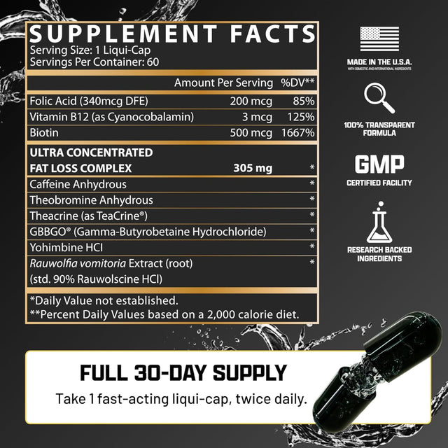 Supplement facts for Nutrex Lipo-6 Black Hers Ultra Concentrate showing 305mg fat loss complex, Yohimbine HCL, and Vitamin B12. 100% original female fat burner at Gym Supplements U.S.