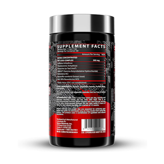 Nutrex Lipo-6 Black Ultra Concentrate supplement facts label listing Teacrine, Yohimbine HCL and Rauwolfia
