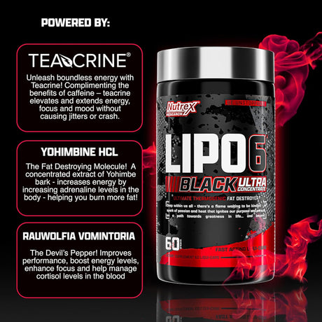 Nutrex Lipo-6 Black Ultra Concentrate thermogenic fat burner formula featuring Teacrine, Yohimbine HCL and Rauwolfia
