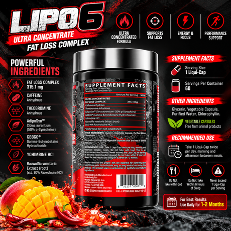 Nutrex LIPO-6 Ultra Concentrate Fat Loss Complex 60 Liqui-Caps with caffeine and other key ingredients