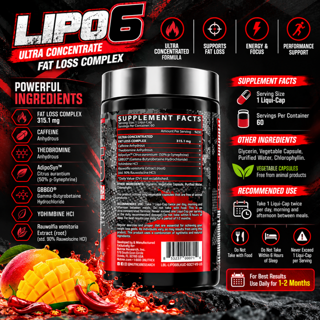 Nutrex LIPO-6 Ultra Concentrate Fat Loss Complex 60 Liqui-Caps with caffeine and other key ingredients