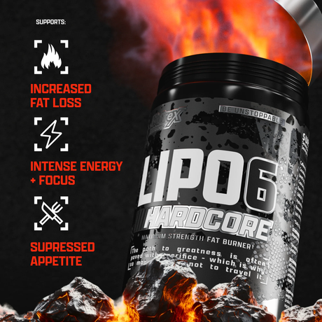 LIPO-6 HARDCORE Maximum Strength Fat Burner by Nutrex. Supports increased fat loss, intense energy and focus, and suppressed appetite.