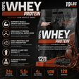 Nutrex Research 100% Whey Protein in Chocolate flavor (10 lbs bag, 128 servings). Graphic highlights key benefits: 24g protein, 5.5g BCAAs, and 4g glutamine per serving, low sugar formula supporting muscle growth, easy digestibility, and smooth mixability.
