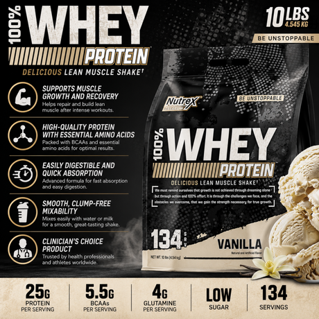 Nutrex Research 100% Whey Protein in Vanilla flavor (10 lbs bag, 134 servings). Promotional graphic highlights key nutritional benefits: 25g protein, 5.5g BCAAs, and 4g glutamine per serving, low sugar formula supporting muscle growth, easy absorption, and smooth mixability.