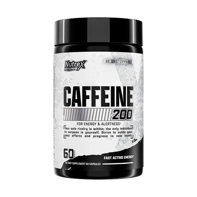 Nutrex Research Caffeine 200 bottle containing 60 capsules for fast-acting energy and alertness