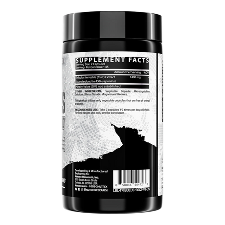 Supplement facts for Nutrex Tribulus 1400 showing 1400mg Tribulus Terrestris extract and 45% saponins per serving. Standardized high-potency formula.