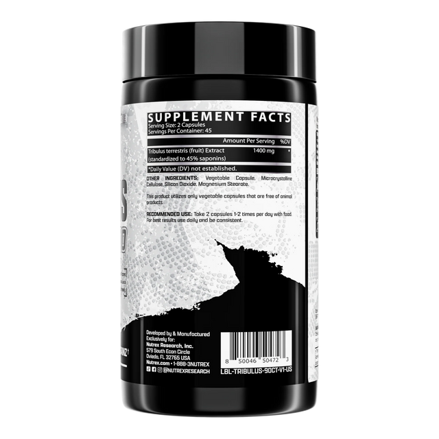 Supplement facts for Nutrex Tribulus 1400 showing 1400mg Tribulus Terrestris extract and 45% saponins per serving. Standardized high-potency formula.