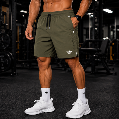 Olive green men's gym training shorts with breathable lightweight fabric, zip pockets, elastic drawstring waistband, and athletic fit for workouts, running, and fitness training.