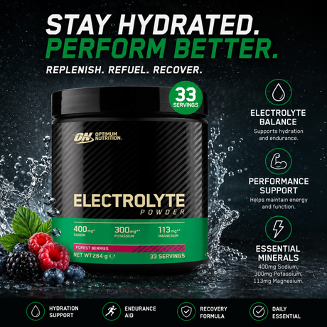 Optimum Nutrition Electrolyte Powder in Forest Berries flavor featuring essential minerals like Sodium, Potassium, and Magnesium for hydration, endurance, and recovery support.