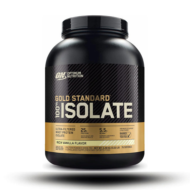Optimum Nutrition Gold Standard 100% Isolate Whey Protein – Rich Vanilla Flavor, 2.27kg (76 Servings), 25g Protein, 5.5g BCAAs