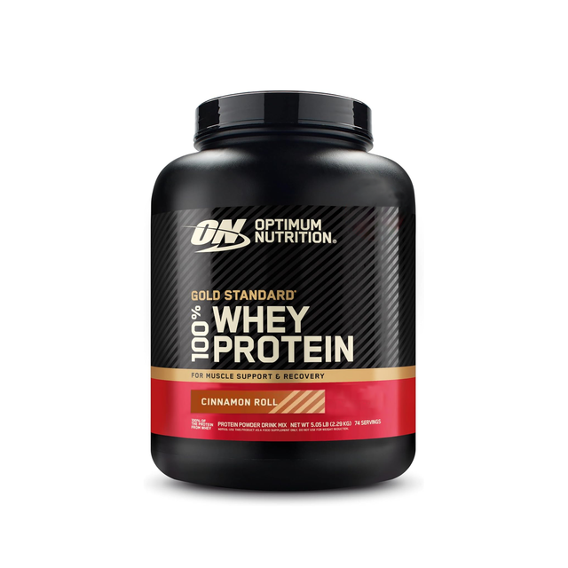 Optimum Nutrition Gold Standard 100% Whey, Cinnamon Roll flavor, 5.05 lb tub providing 74 servings.