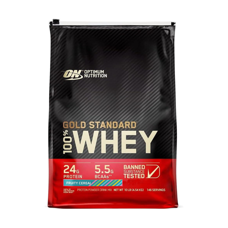 Optimum Nutrition Gold Standard 100% Whey, Fruity Cereal flavor, bulk 10 lb bag, 146 servings.