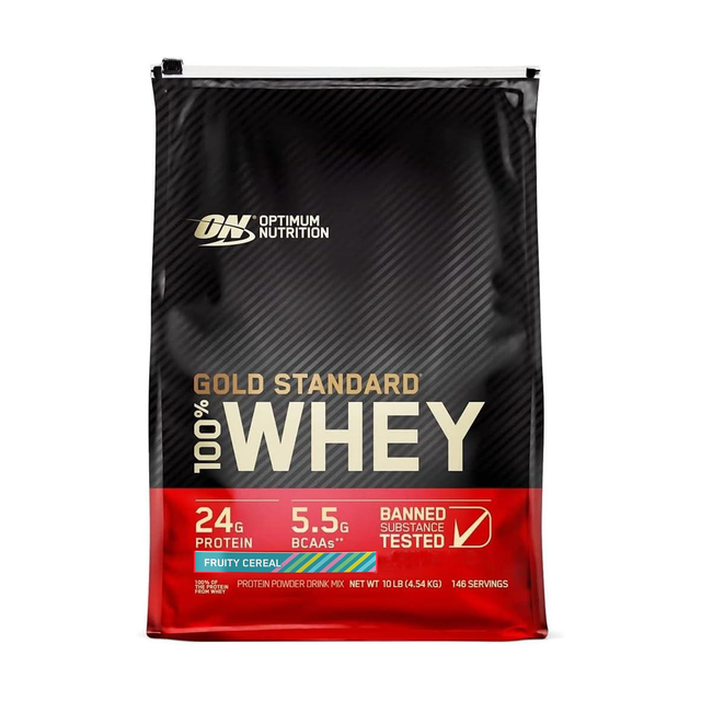 Optimum Nutrition Gold Standard 100% Whey, Fruity Cereal flavor, bulk 10 lb bag, 146 servings.
