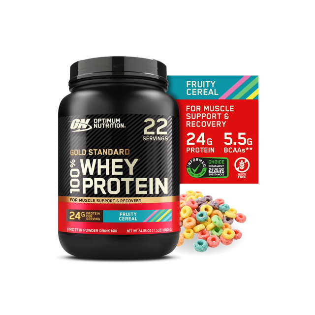 Optimum Nutrition Gold Standard 100% Whey Protein Powder, Fruity Cereal flavor, 22 servings tub with 24g protein and 5.5g BCAAs.