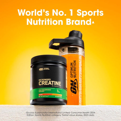 Optimum Nutrition Micronised Creatine Powder in Orange flavor, 247.5g tub providing 55 servings, shown with an ON shaker bottle. Recognized as the World's No. 1 Sports Nutrition Brand based on 2023 retail value shares.
