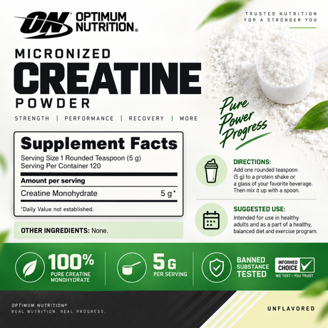 Optimum Nutrition Micronized Creatine Powder 120 servings with 5g pure creatine monohydrate per serving