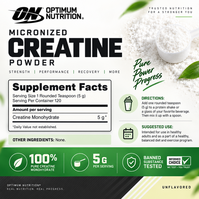 Optimum Nutrition Micronized Creatine Powder 120 servings with 5g pure creatine monohydrate per serving