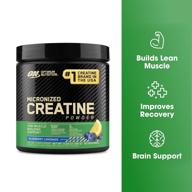 Optimum Nutrition Micronized Creatine Powder, Blueberry Lemonade flavor, 360g (60 Servings) for lean muscle building, recovery, and brain support.