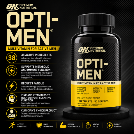Optimum Nutrition Opti-Men Multivitamin for Active Men bottle (150 tablets, 50 servings) placed on a product display pedestal. Graphic outlines premium benefits including 38 active ingredients, immune defense, muscle health support, reduced fatigue, and Zinc with Vitamin B5 for mental focus.