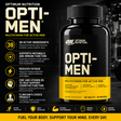 Optimum Nutrition Opti-Men Multivitamin for Active Men bottle (90 tablets, 30 servings). Promotional graphic highlights 38 active ingredients, immune and metabolic function support, fatigue reduction, Zinc and Vitamin B5 for cognitive function, and cellular energy support.