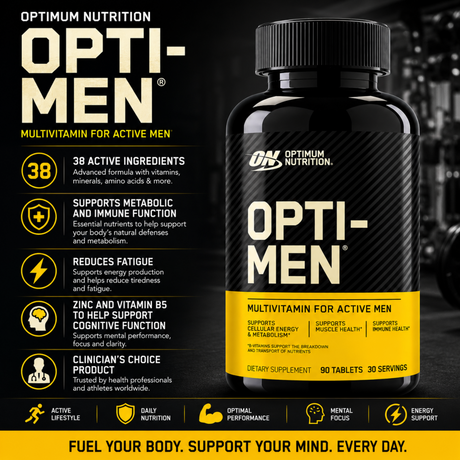 Optimum Nutrition Opti-Men Multivitamin for Active Men bottle (90 tablets, 30 servings). Promotional graphic highlights 38 active ingredients, immune and metabolic function support, fatigue reduction, Zinc and Vitamin B5 for cognitive function, and cellular energy support.