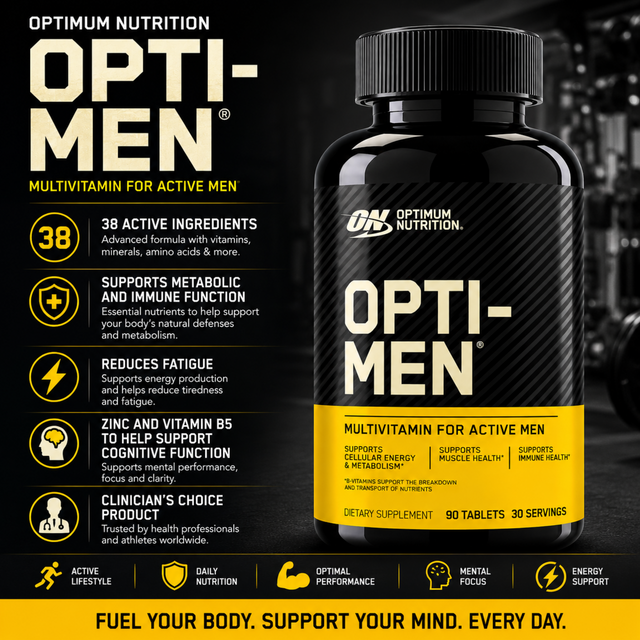 Optimum Nutrition Opti-Men Multivitamin for Active Men bottle (90 tablets, 30 servings). Promotional graphic highlights 38 active ingredients, immune and metabolic function support, fatigue reduction, Zinc and Vitamin B5 for cognitive function, and cellular energy support.