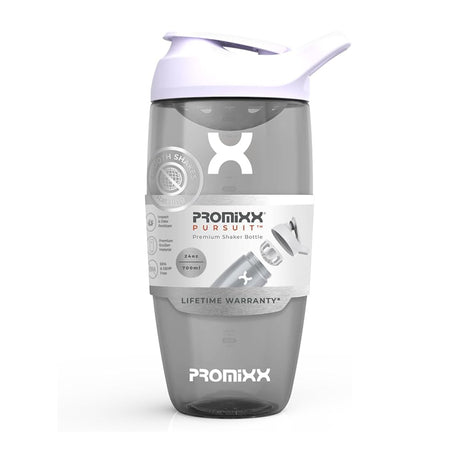 PROMiXX PURSUIT Premium Shaker Bottle, gray and white, 24 oz (700ml), featuring impact-resistant and BPA-free Tritan material with a lifetime warranty.