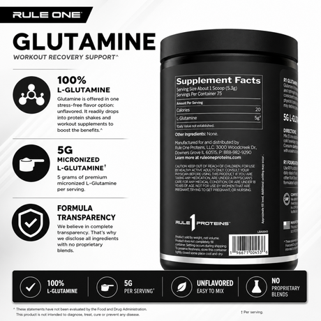 Rule 1 R1 Glutamine supplement facts label showing 75 servings, 5g micronized L-glutamine per serving, zero ingredients, and UPC barcode.