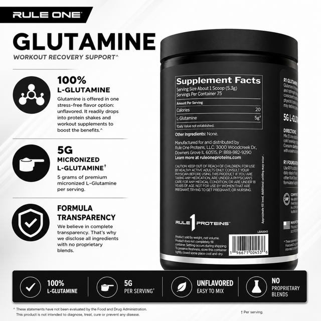 Rule 1 R1 Glutamine supplement facts label showing 75 servings, 5g micronized L-glutamine per serving, zero ingredients, and UPC barcode.