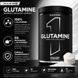 Rule 1 R1 Glutamine unflavored powder 398g container highlighting 5g micronized L-glutamine per serving, 75 servings, and formula transparency.