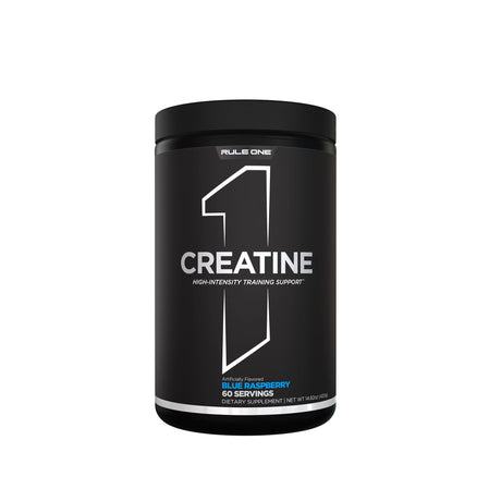 Rule One Creatine dietary supplement tub, Blue Raspberry flavor, 60 servings, for high-intensity training support.