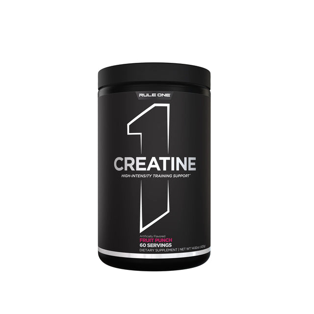 Rule One Creatine dietary supplement tub, Fruit Punch flavor, 60 servings, for high-intensity training support.