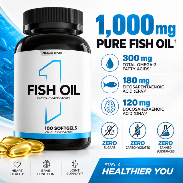 Rule One Fish Oil 100 softgels 1000mg pure fish oil with 300mg omega 3, 180mg EPA and 120mg DHA