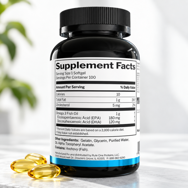 Rule One Fish Oil 100 softgels supplement facts with 1g omega 3 fish oil, 180mg EPA and 120mg DHA