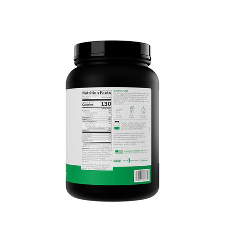 Rule One R1 Plant Protein supplement tub, 20g of protein per serving, vegan-friendly formula.
