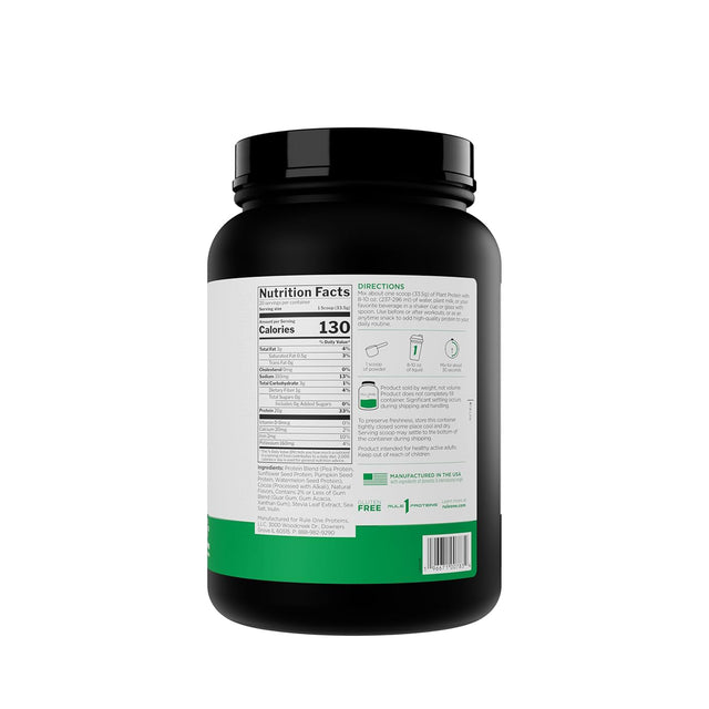 Rule One R1 Plant Protein supplement tub, 20g of protein per serving, vegan-friendly formula.