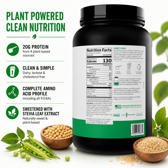 Rule 1 Plant Protein vegan-friendly formula with 20g plant protein