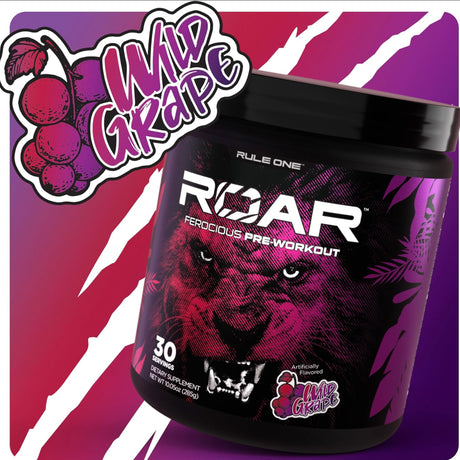 Rule One Roar Ferocious Pre-Workout, Wild Grape flavor, 30 servings (285g). High-performance energy and pump supplement available at Gym Supplements U.S