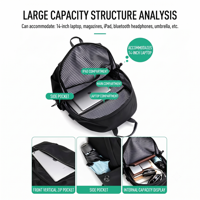 Structure analysis of Sewfox backpack showing capacity for 14-inch laptop and accessories.