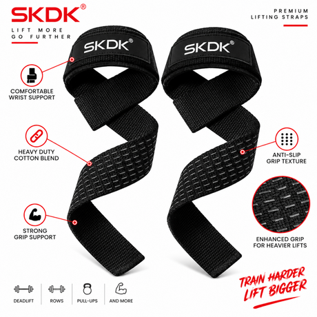 SKDK black weight lifting straps with anti-slip grip texture and heavy-duty cotton blend for deadlifts, rows and pull-ups.