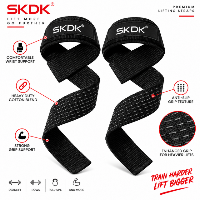 SKDK black weight lifting straps with anti-slip grip texture and heavy-duty cotton blend for deadlifts, rows and pull-ups.
