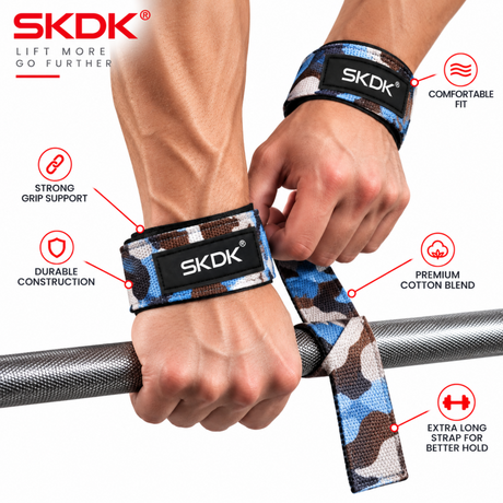 SKDK blue camouflage weight lifting straps with strong grip support for deadlift, pull-up and gym strength training.